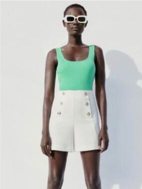 Zara White High-Waist Sailor Button Shorts